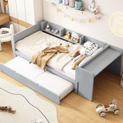 Okwish Lit Gigogne 90x200 cm - Lit Combiné enfant avec Bureau et 3 Étagères - Sans Matelas - Gris Best