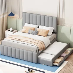 Okwish Lit Gigogne 140x200 cm - Lit Double avec Tiroirs et Lit enfant 90x190 cm, Structure en MDF et Lin, Sans Matelas - Gris Hot