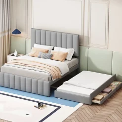 Okwish Lit Gigogne 140x200 cm - Lit Double avec Tiroirs et Lit enfant 90x190 cm, Structure en MDF et Lin, Sans Matelas - Gris Hot