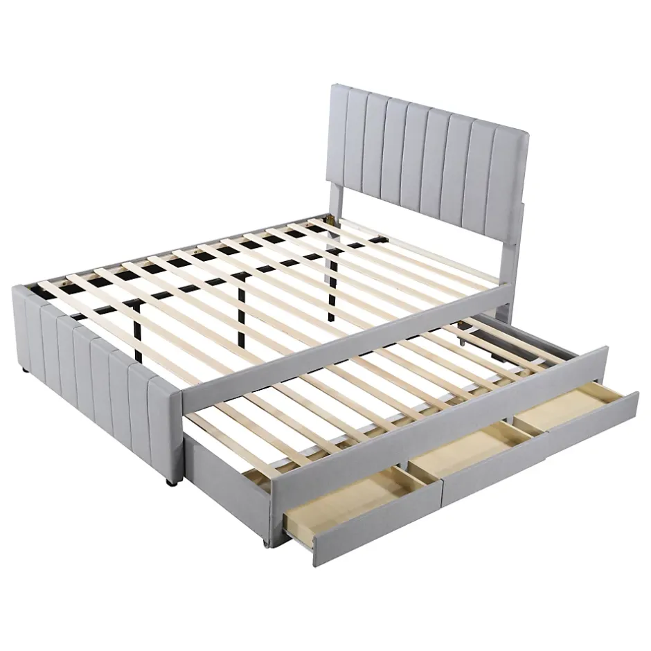 Okwish Lit Gigogne 140x200 cm - Lit Double avec Tiroirs et Lit enfant 90x190 cm, Structure en MDF et Lin, Sans Matelas - Gris Hot