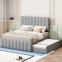 Okwish Lit Gigogne 140x200 cm - Lit Double avec Tiroirs et Lit enfant 90x190 cm, Structure en MDF et Lin, Sans Matelas - Gris Hot