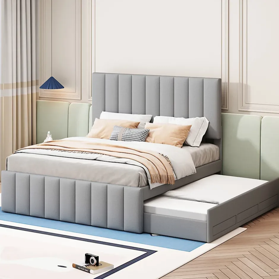 Okwish Lit Gigogne 140x200 cm - Lit Double avec Tiroirs et Lit enfant 90x190 cm, Structure en MDF et Lin, Sans Matelas - Gris Hot