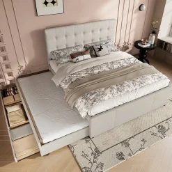 Okwish Lit Gigogne 140x200 cm - Lit Double Ado avec Tête de Lit Réglable et 3 Tiroirs - Sans Matelas - Lin Beige