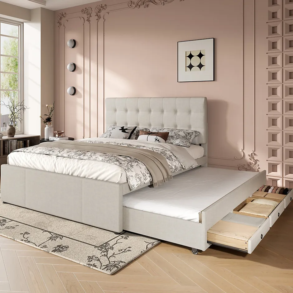 Okwish Lit Gigogne 140x200 cm - Lit Double Ado avec Tête de Lit Réglable et 3 Tiroirs - Sans Matelas - Lin Beige