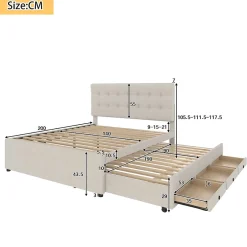 Okwish Lit Gigogne 140x200 cm - Lit Double Ado avec Tête de Lit Réglable et 3 Tiroirs - Sans Matelas - Lin Beige