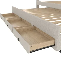 Okwish Lit Gigogne 140x200 cm - Lit Double Ado avec Tête de Lit Réglable et 3 Tiroirs - Sans Matelas - Lin Beige