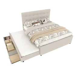 Okwish Lit Gigogne 140x200 cm - Lit Double Ado avec Tête de Lit Réglable et 3 Tiroirs - Sans Matelas - Lin Beige