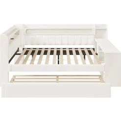 Okwish Lit Gigogne 140x200 cm - Lit Double Rembourré avec LED et Ports USB, Bureau Intégré, sans Matelas - MDF Blanc Best
