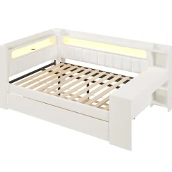 Okwish Lit Gigogne 140x200 cm - Lit Double Rembourré avec LED et Ports USB, Bureau Intégré, sans Matelas - MDF Blanc Best