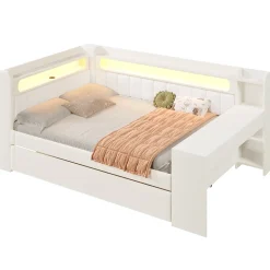 Okwish Lit Gigogne 140x200 cm - Lit Double Rembourré avec LED et Ports USB, Bureau Intégré, sans Matelas - MDF Blanc Best