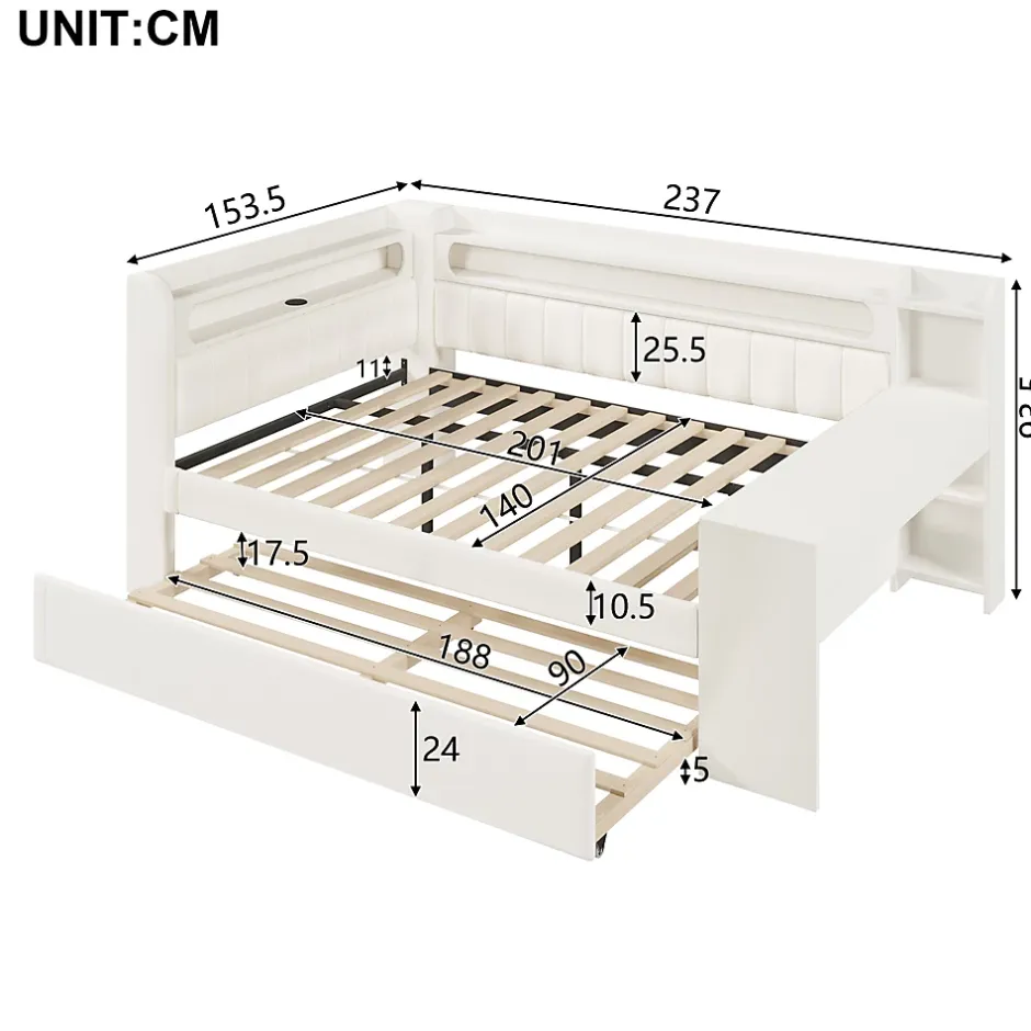 Okwish Lit Gigogne 140x200 cm - Lit Double Rembourré avec LED et Ports USB, Bureau Intégré, sans Matelas - MDF Blanc Best