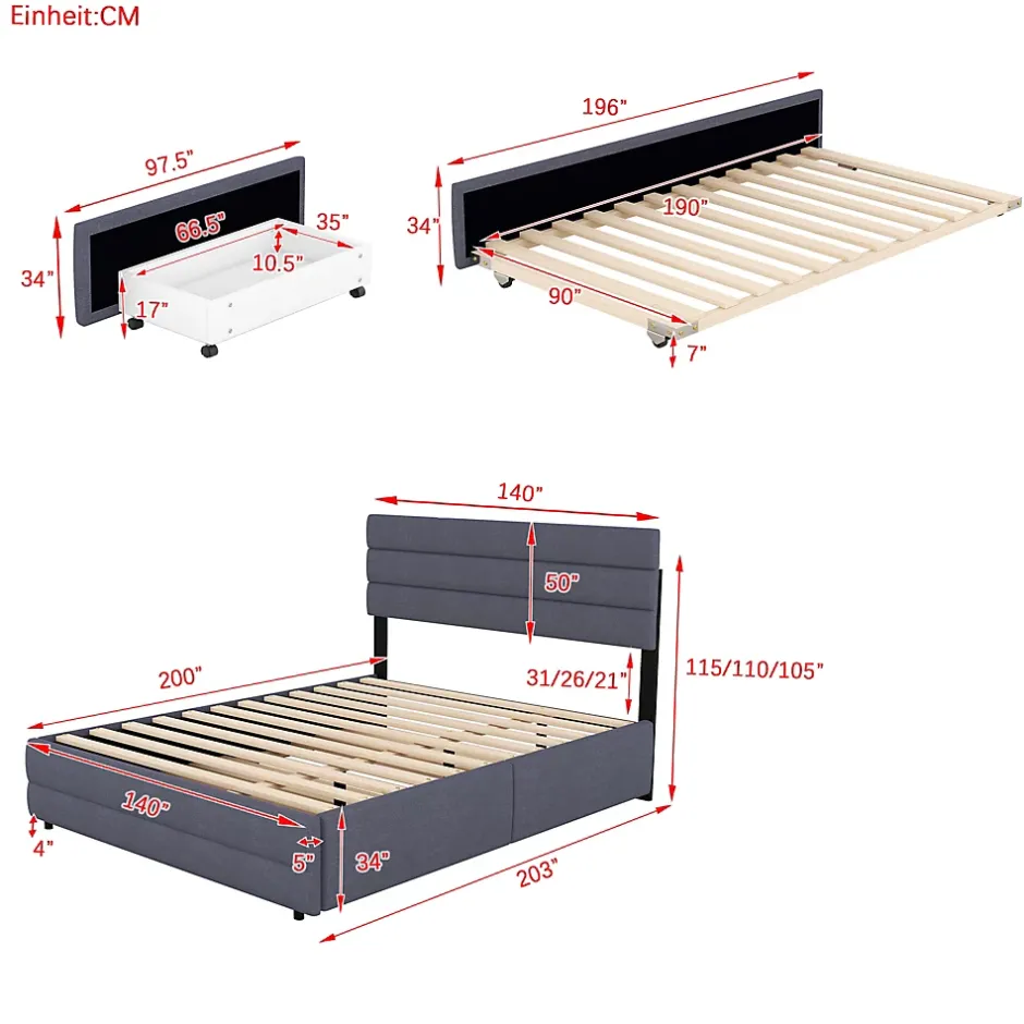 Okwish Lit Gigogne 140x200 cm - Lit Double avec Tiroirs et Rangement Extensible - Lit D'Appoint Adulte - Lin Gris - Sans Matelas Outlet