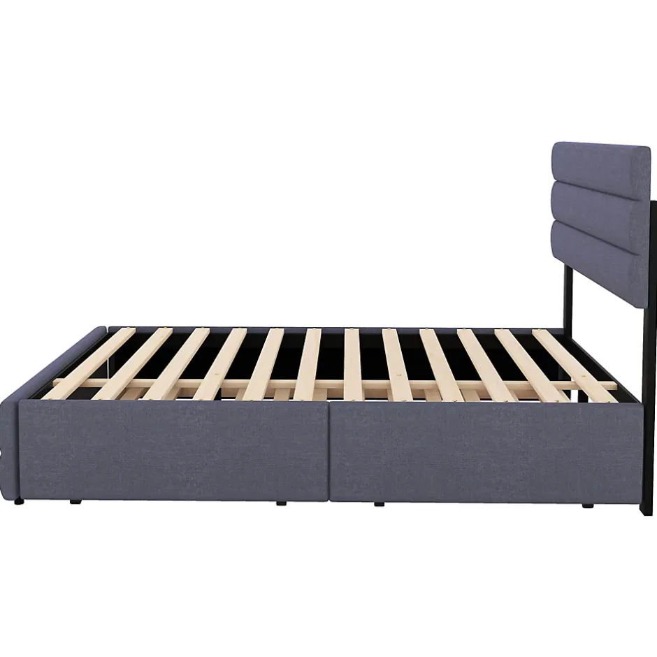 Okwish Lit Gigogne 140x200 cm - Lit Double avec Tiroirs et Rangement Extensible - Lit D'Appoint Adulte - Lin Gris - Sans Matelas Outlet