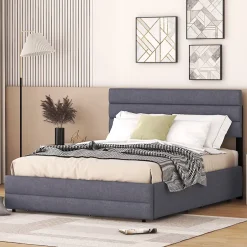 Okwish Lit Gigogne 140x200 cm - Lit Double avec Tiroirs et Rangement Extensible - Lit D'Appoint Adulte - Lin Gris - Sans Matelas Outlet