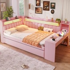 Okwish Lit Gigogne 140x200 cm - Lit Double Rembourré avec LED et Ports USB, Bureau Intégré, sans Matelas - MDF Rose