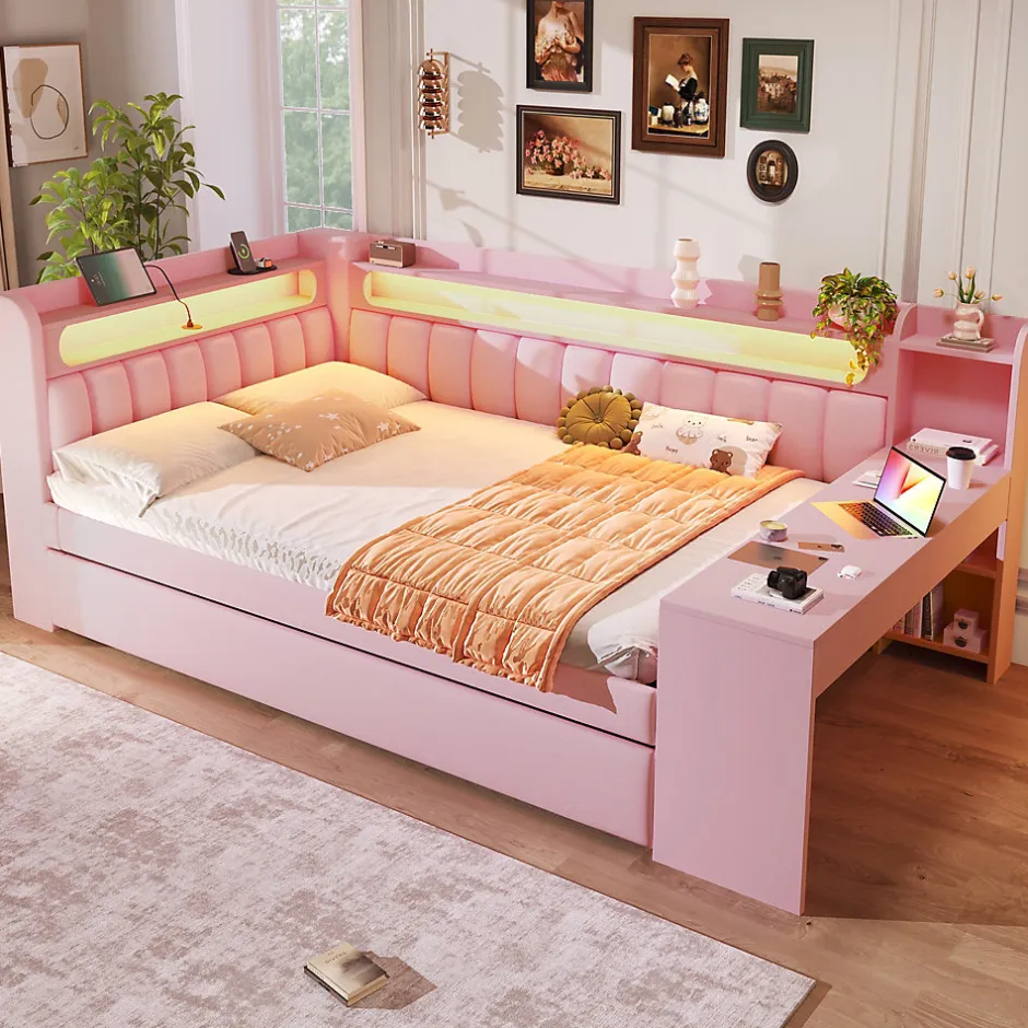 Okwish Lit Gigogne 140x200 cm - Lit Double Rembourré avec LED et Ports USB, Bureau Intégré, sans Matelas - MDF Rose