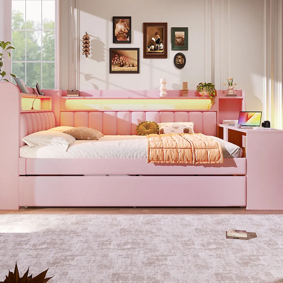 Okwish Lit Gigogne 140x200 cm - Lit Double Rembourré avec LED et Ports USB, Bureau Intégré, sans Matelas - MDF Rose