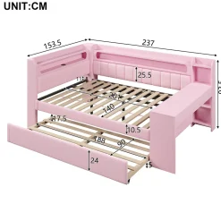 Okwish Lit Gigogne 140x200 cm - Lit Double Rembourré avec LED et Ports USB, Bureau Intégré, sans Matelas - MDF Rose