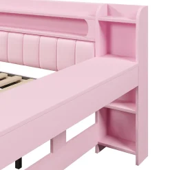 Okwish Lit Gigogne 140x200 cm - Lit Double Rembourré avec LED et Ports USB, Bureau Intégré, sans Matelas - MDF Rose