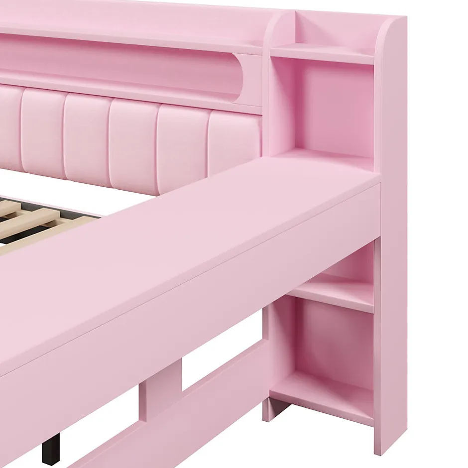 Okwish Lit Gigogne 140x200 cm - Lit Double Rembourré avec LED et Ports USB, Bureau Intégré, sans Matelas - MDF Rose