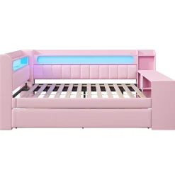 Okwish Lit Gigogne 140x200 cm - Lit Double Rembourré avec LED et Ports USB, Bureau Intégré, sans Matelas - MDF Rose
