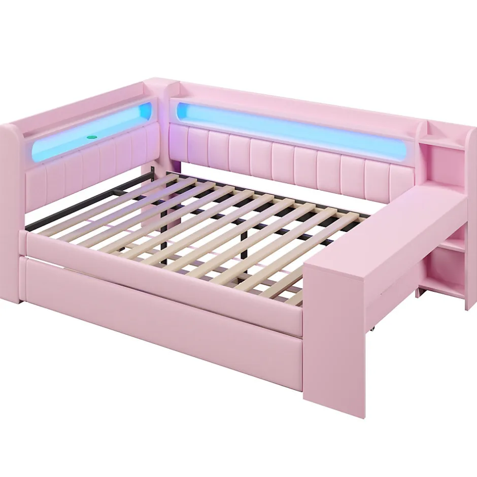 Okwish Lit Gigogne 140x200 cm - Lit Double Rembourré avec LED et Ports USB, Bureau Intégré, sans Matelas - MDF Rose