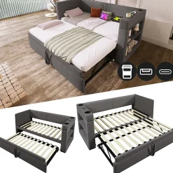 Okwish Lit Gigogne 90x200 cm - Lit Enfant avec Ports USB et Type-C, Porte-Gobelet, sans Matelas, Tissu Lin, Gris New
