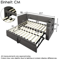 Okwish Lit Gigogne 90x200 cm - Lit Enfant avec Ports USB et Type-C, Porte-Gobelet, sans Matelas, Tissu Lin, Gris New