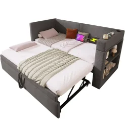 Okwish Lit Gigogne 90x200 cm - Lit Enfant avec Ports USB et Type-C, Porte-Gobelet, sans Matelas, Tissu Lin, Gris New