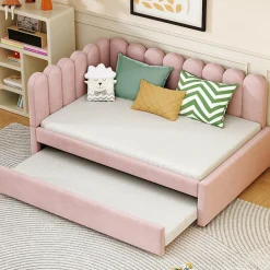 Okwish Lit Gigogne 140x200 cm - Lit Enfant Velours avec Rangement et Lit Extensible L-Forme, Sans Matelas, Rose