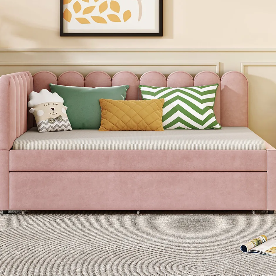 Okwish Lit Gigogne 140x200 cm - Lit Enfant Velours avec Rangement et Lit Extensible L-Forme, Sans Matelas, Rose