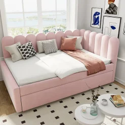 Okwish Lit Gigogne 140x200 cm - Lit Enfant Velours avec Rangement et Lit Extensible L-Forme, Sans Matelas, Rose