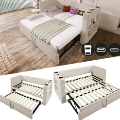 Okwish Lit Gigogne 90x190 cm - Lit Enfant avec Ports USB et Type-C, Porte-Gobelet, sans Matelas, Tissu Lin, Beige Discount
