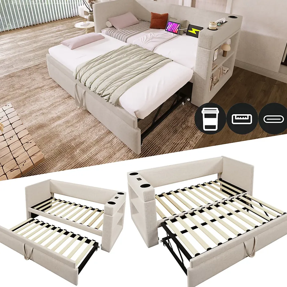 Okwish Lit Gigogne 90x190 cm - Lit Enfant avec Ports USB et Type-C, Porte-Gobelet, sans Matelas, Tissu Lin, Beige Discount