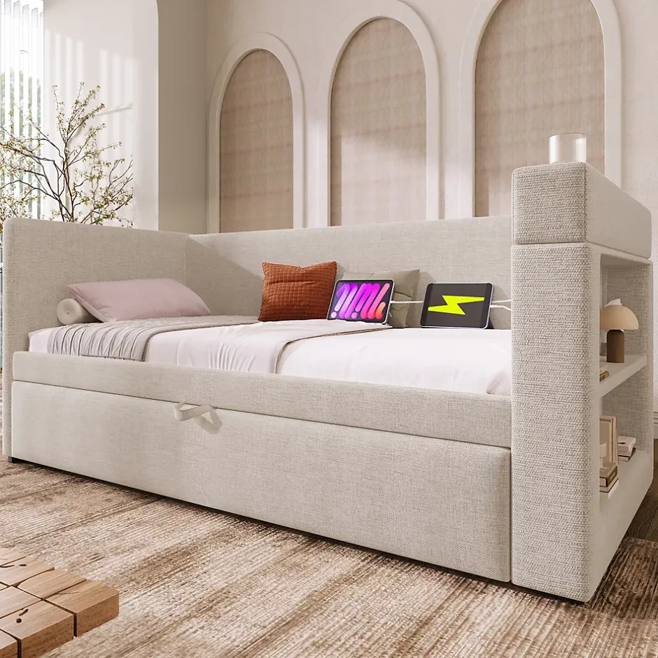 Okwish Lit Gigogne 90x190 cm - Lit Enfant avec Ports USB et Type-C, Porte-Gobelet, sans Matelas, Tissu Lin, Beige Discount