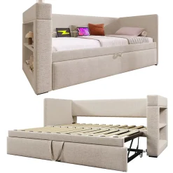 Okwish Lit Gigogne 90x190 cm - Lit Enfant avec Ports USB et Type-C, Porte-Gobelet, sans Matelas, Tissu Lin, Beige Discount