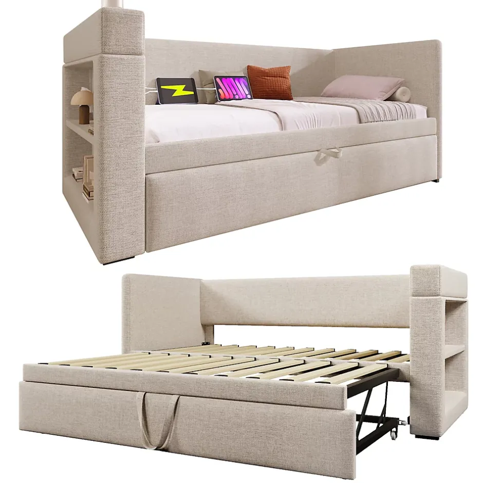 Okwish Lit Gigogne 90x190 cm - Lit Enfant avec Ports USB et Type-C, Porte-Gobelet, sans Matelas, Tissu Lin, Beige Discount