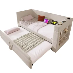Okwish Lit Gigogne 90x190 cm - Lit Enfant avec Ports USB et Type-C, Porte-Gobelet, sans Matelas, Tissu Lin, Beige Discount