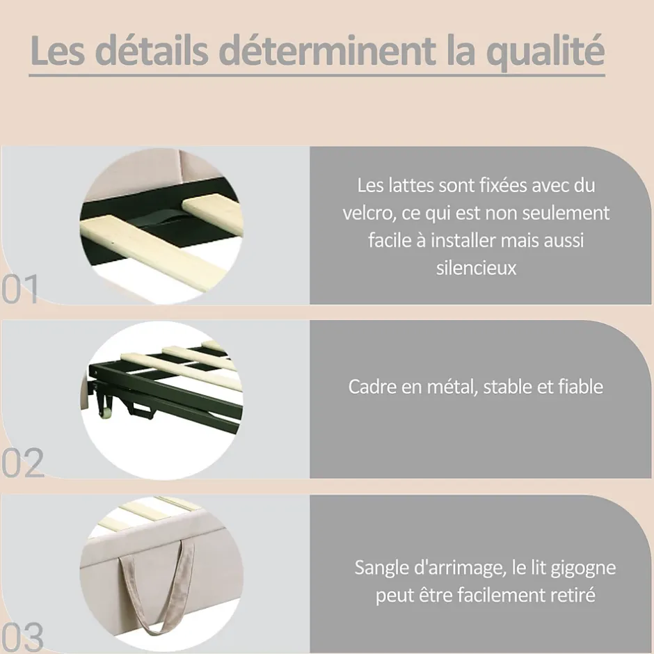 Okwish Lit Gigogne 90x200 cm - Lit Enfant Velours avec Rangement et Lit Extensible, 2-en-1 Multifonction, Sans Matelas, Beige Outlet