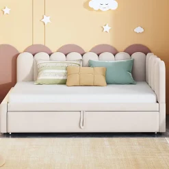 Okwish Lit Gigogne 90x200 cm - Lit Enfant Velours avec Rangement et Lit Extensible, 2-en-1 Multifonction, Sans Matelas, Beige Outlet