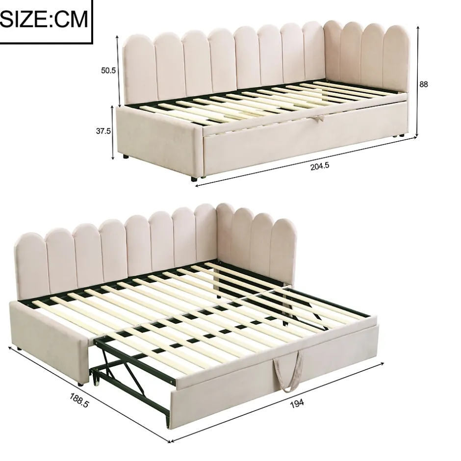 Okwish Lit Gigogne 90x200 cm - Lit Enfant Velours avec Rangement et Lit Extensible, 2-en-1 Multifonction, Sans Matelas, Beige Outlet