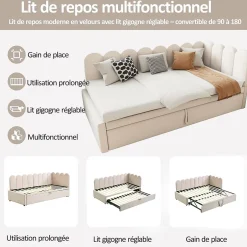 Okwish Lit Gigogne 90x200 cm - Lit Enfant Velours avec Rangement et Lit Extensible, 2-en-1 Multifonction, Sans Matelas, Beige Outlet