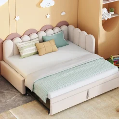 Okwish Lit Gigogne 90x200 cm - Lit Enfant Velours avec Rangement et Lit Extensible, 2-en-1 Multifonction, Sans Matelas, Beige Outlet