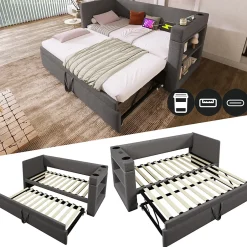 Okwish Lit Gigogne 90x190 cm - Lit Enfant avec Ports USB et Type-C, Porte-Gobelet, sans Matelas, Tissu Lin, Gris