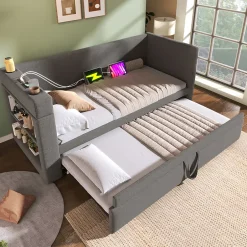 Okwish Lit Gigogne 90x190 cm - Lit Enfant avec Ports USB et Type-C, Porte-Gobelet, sans Matelas, Tissu Lin, Gris