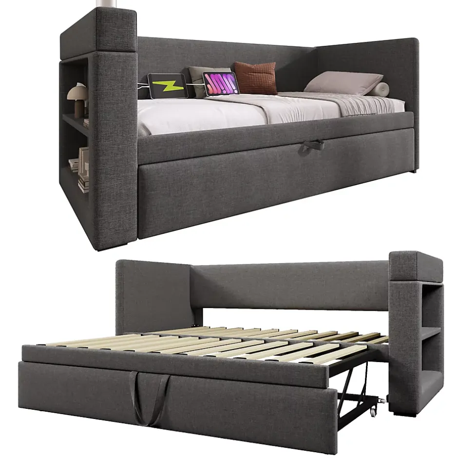Okwish Lit Gigogne 90x190 cm - Lit Enfant avec Ports USB et Type-C, Porte-Gobelet, sans Matelas, Tissu Lin, Gris