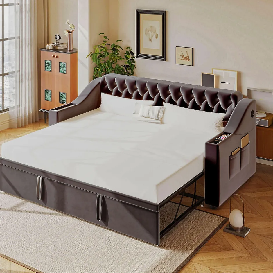 Okwish Lit Gigogne 90x190 cm - Lit Enfant en Velours avec Rangement et Port USB, Sommier à Lattes, Sans Matelas, Gris Foncé