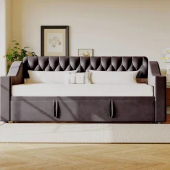 Okwish Lit Gigogne 90x190 cm - Lit Enfant en Velours avec Rangement et Port USB, Sommier à Lattes, Sans Matelas, Gris Foncé