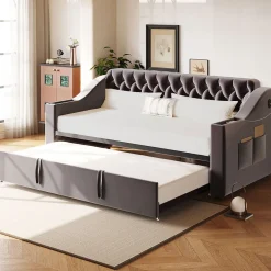 Okwish Lit Gigogne 90x190 cm - Lit Enfant en Velours avec Rangement et Port USB, Sommier à Lattes, Sans Matelas, Gris Foncé