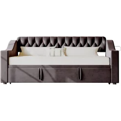 Okwish Lit Gigogne 90x190 cm - Lit Enfant en Velours avec Rangement et Port USB, Sommier à Lattes, Sans Matelas, Gris Foncé